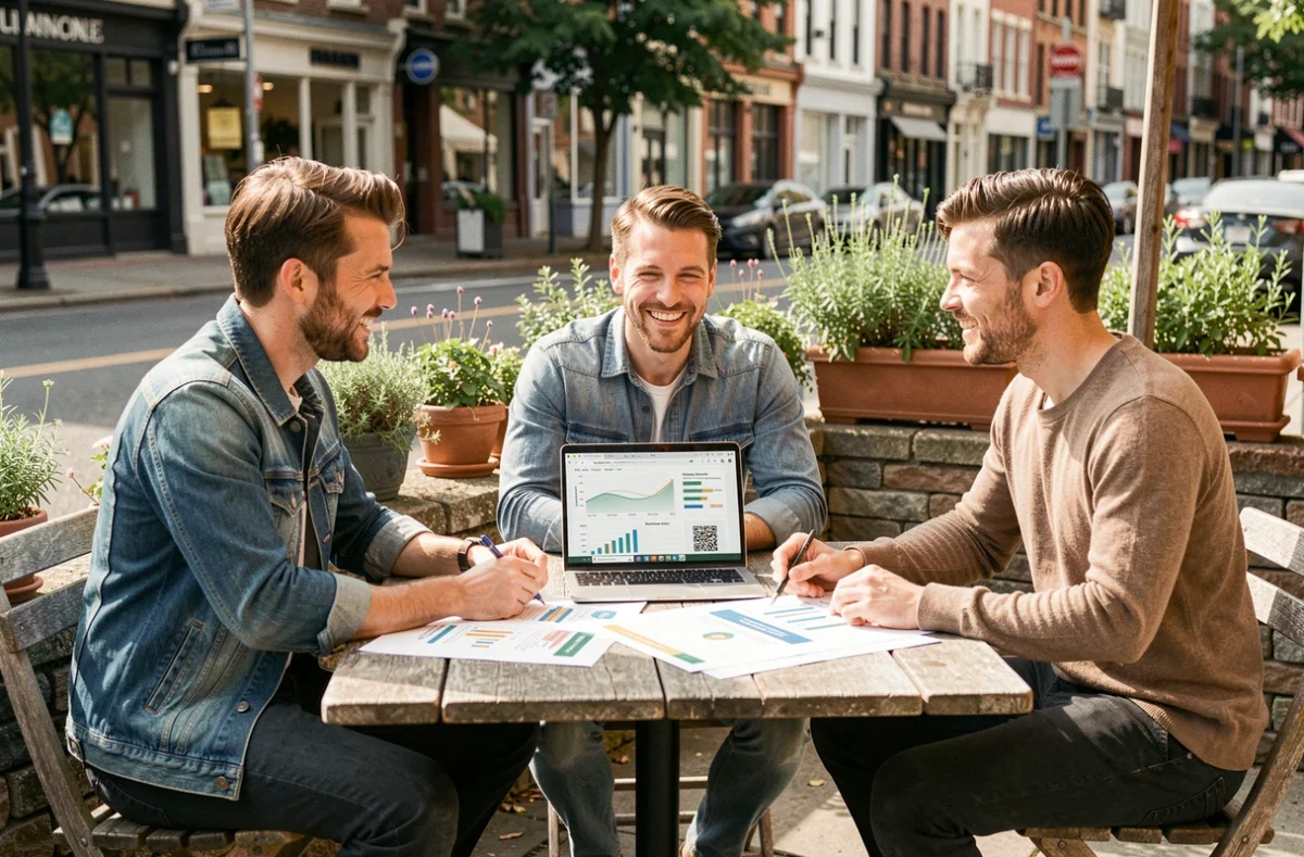 Équipe de professionnels collaborant sur une campagne de marketing à impact pour une marque engagée en terrasse urbaine