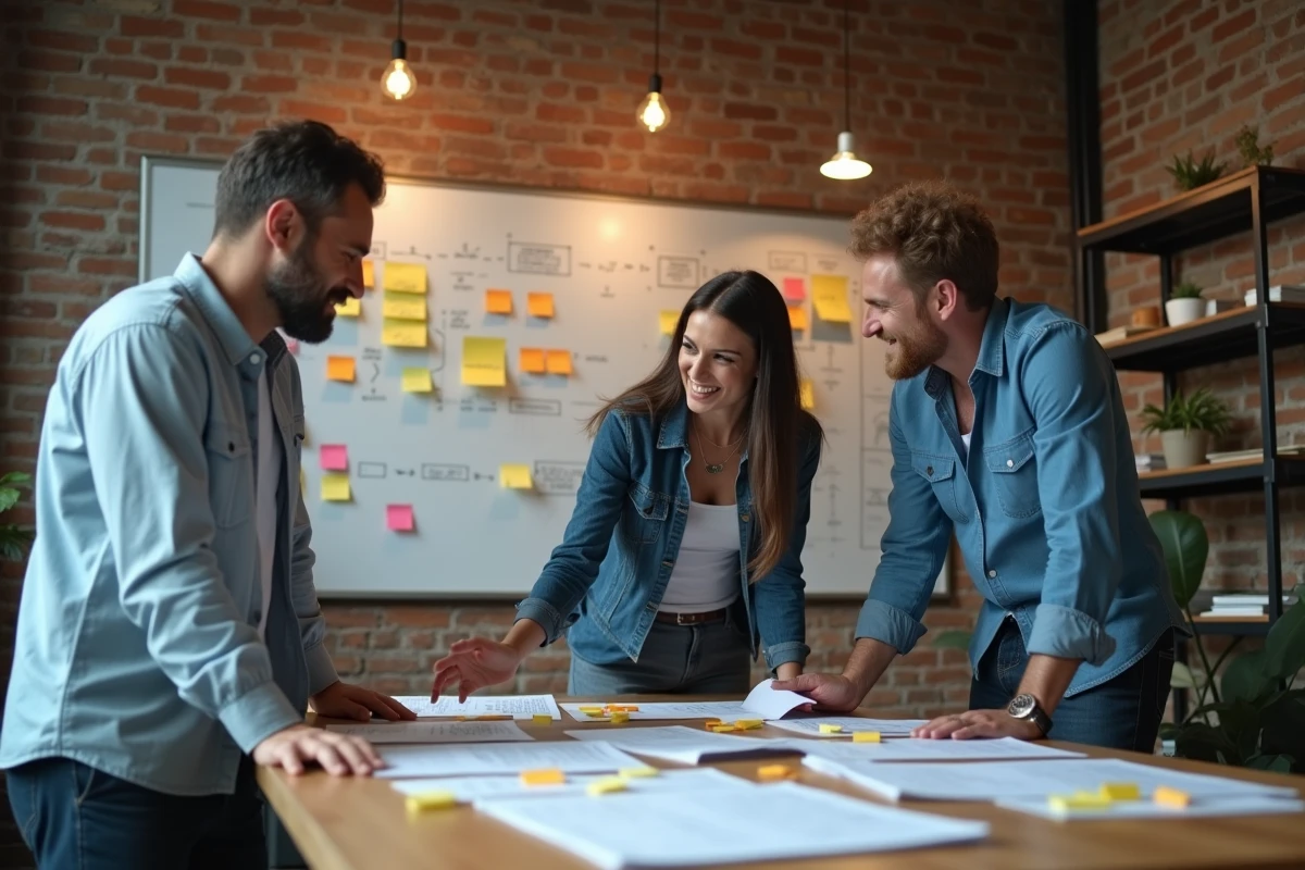 Équipe de professionnels collaborant autour de fiches de processus pour évaluer l'adoption de PROROLE dans leurs flux internes