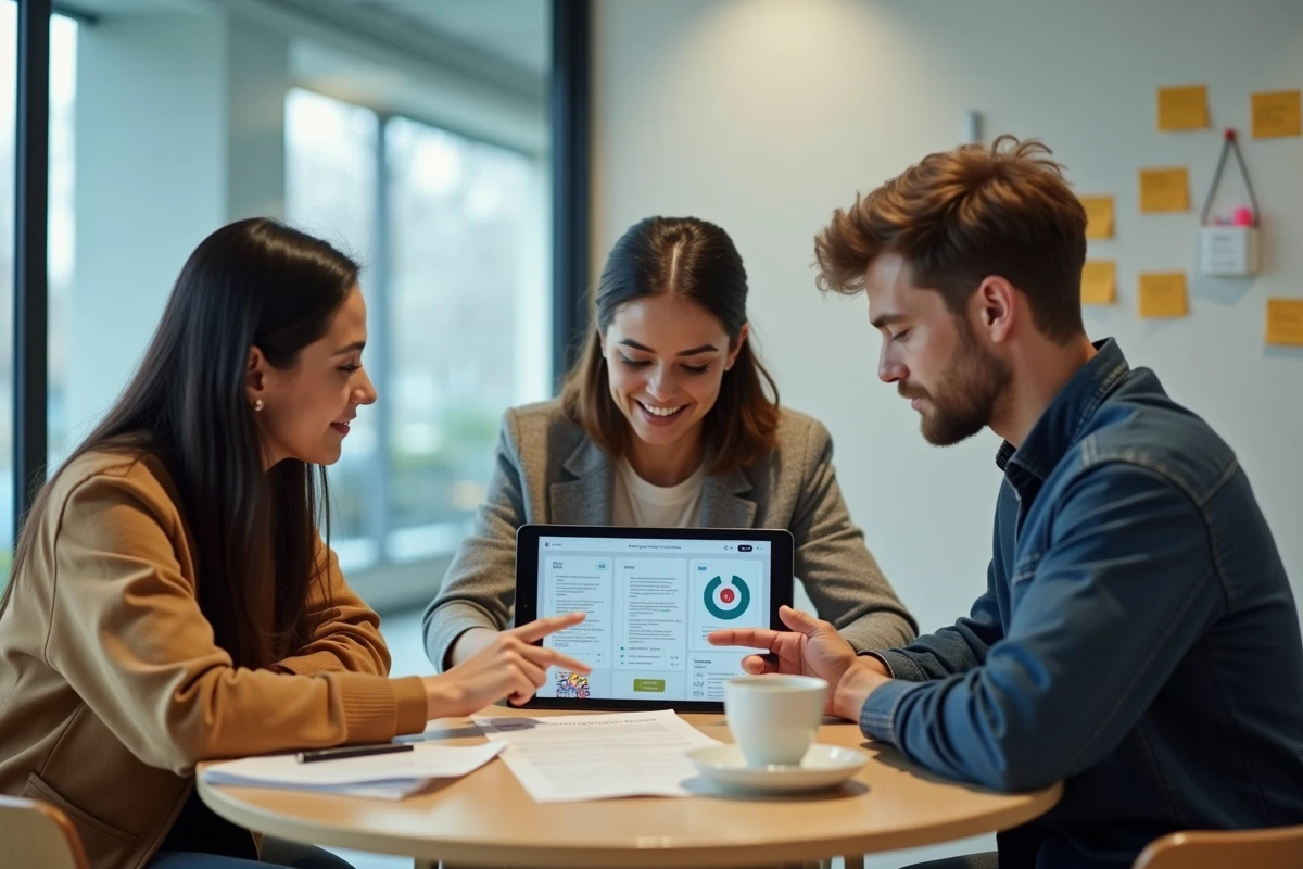 Équipe de jeunes entrepreneurs consultant ensemble un guide numérique sur tablette lors d'une réunion de travail