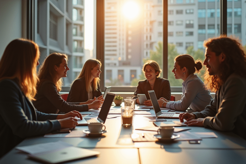 Jeune equipe marketing en réunion dans un bureau moderne