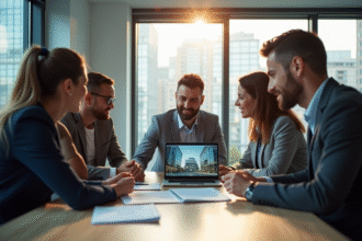 Groupe de professionnels marketing autour d'un ordinateur en réunion