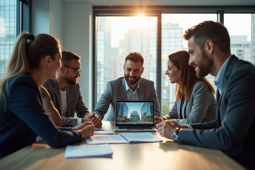 Groupe de professionnels marketing autour d'un ordinateur en réunion