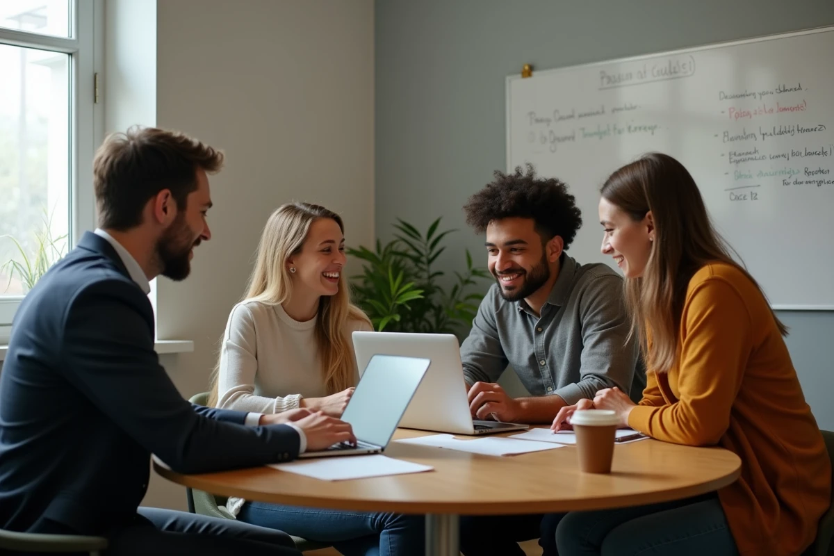 Équipe MFR collaborant autour d'un ordinateur portable pour organiser des tâches via l'intranet
