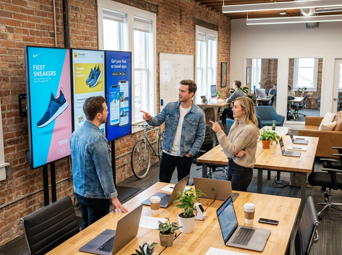 Trois professionnels analysant des publicités sur des écrans numériques dans un espace de travail créatif