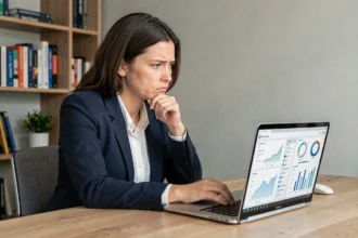 Femme entrepreneur confuse devant un tableau de bord d'intelligence artificielle sur son ordinateur portable dans un bureau moderne