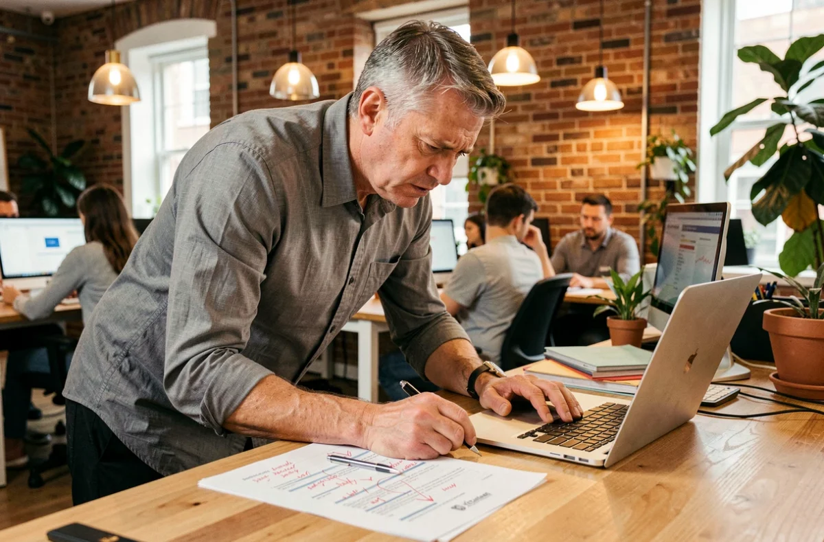 Entrepreneur masculin frustré analysant des rapports d'outils IA mal utilisés dans un espace de coworking