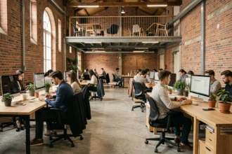 Espace de coworking moderne à Colombes avec bureaux en bois, murs en briques et professionnels au travail
