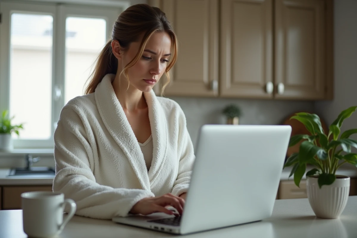 Femme en robe de chambre devant un ordinateur portable dans sa cuisine, illustrant une situation d'absence imprévue au travail en CDI