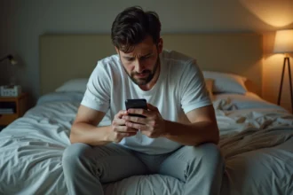 Homme en tenue décontractée assis sur son lit tenant son téléphone avec une expression soucieuse, illustrant une absence au travail non planifiée