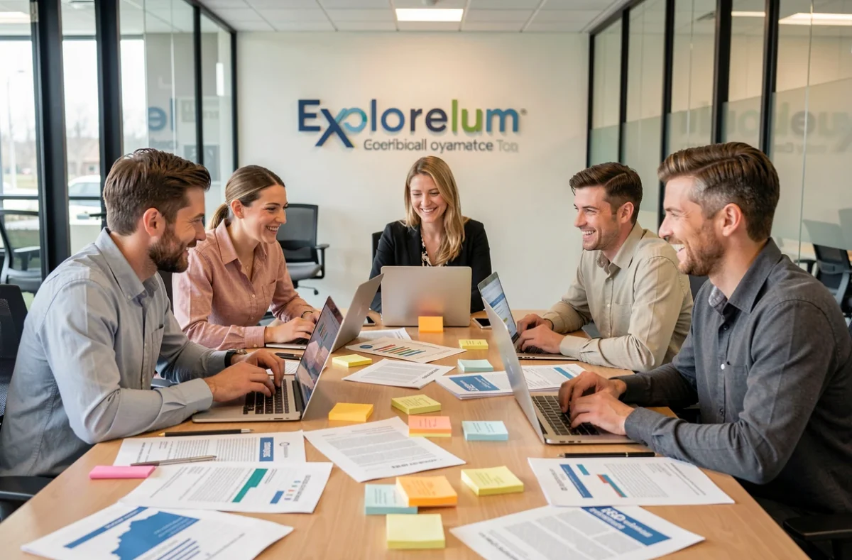 Équipe Exploreum en réunion autour de rapports SEO et d'ordinateurs portables dans un bureau moderne