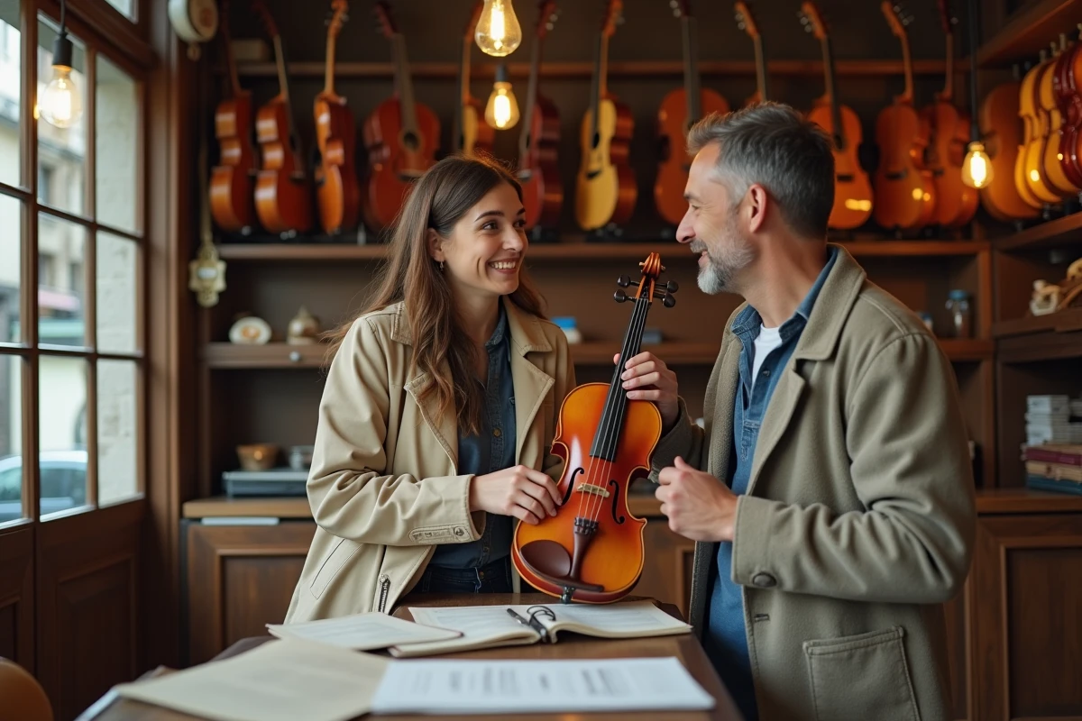 Femme avec violon discutant avec un vendeur dans une boutique de musique