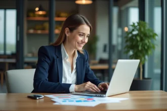 Femme d'affaires concentrée analysant des graphiques marketing