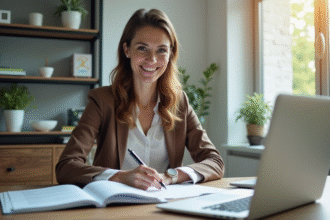 Femme d'affaires confiante au bureau avec dossiers