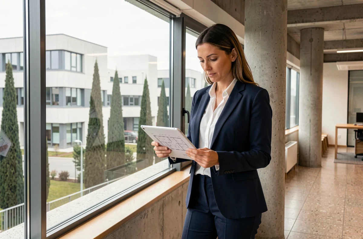 Femme d'affaires consultant des plans de location de bureaux à Sophia Antipolis devant une fenêtre panoramique
