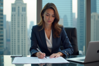 Femme d'affaires en costume dans un bureau moderne à Manhattan