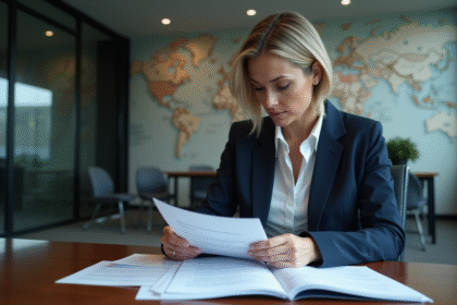 Femme d affaires en costume navy dans une réunion professionnelle