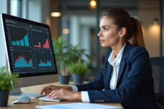 Femme d'affaires analysant des graphiques sur son ordinateur