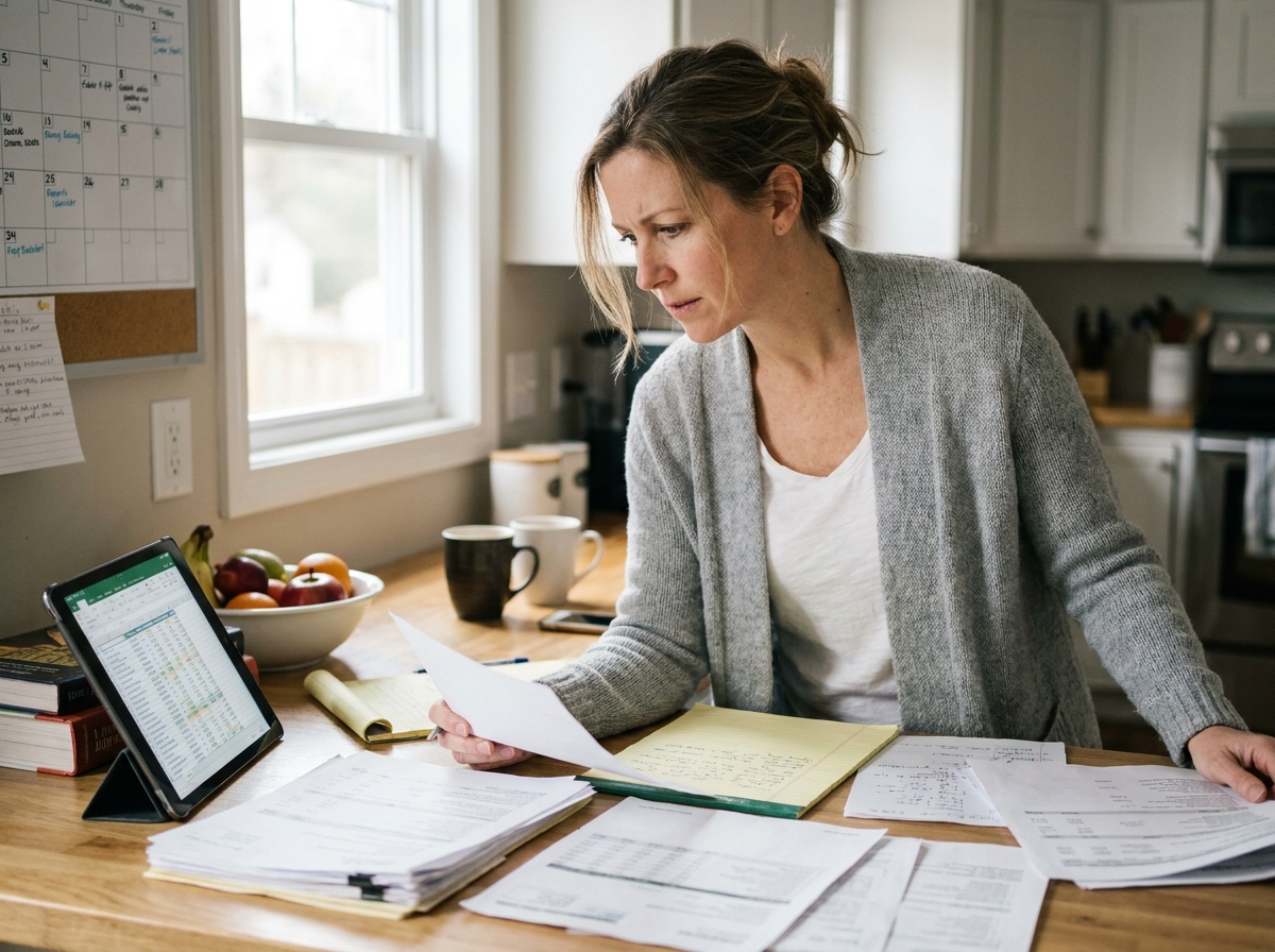 Femme auto-entrepreneuse consultant ses documents de facturation dans une cuisine aménagée en espace de travail