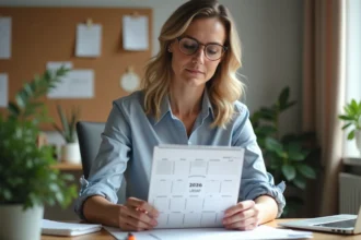 Femme d affaires examinant un calendrier URSSAF 2026