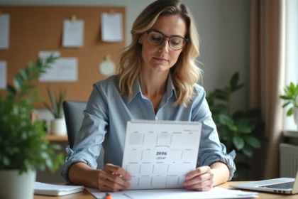 Femme d affaires examinant un calendrier URSSAF 2026