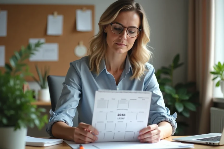 Femme d affaires examinant un calendrier URSSAF 2026