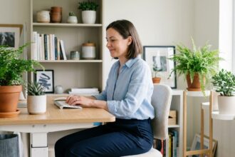 Femme concentrée travaillant à un bureau moderne