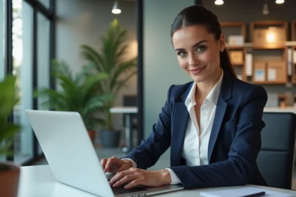 Femme professionnelle en bureau moderne avec ordinateur portable