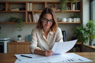 Femme d'affaires dans un bureau moderne examinant un résumé financier