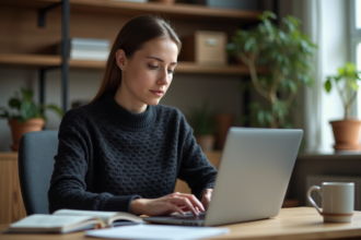 Femme concentrée travaillant sur son ordinateur dans un bureau cosy