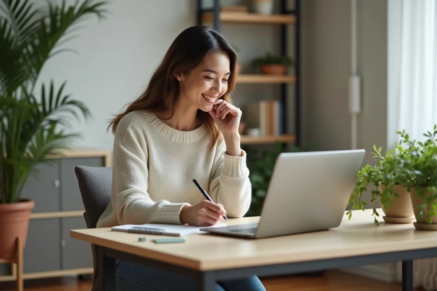 Femme assise à son bureau moderne en home office