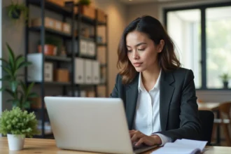 Femme au bureau consulte son bulletin de salaire numérique