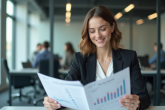 Femme d affaires souriante examine des graphiques de performance