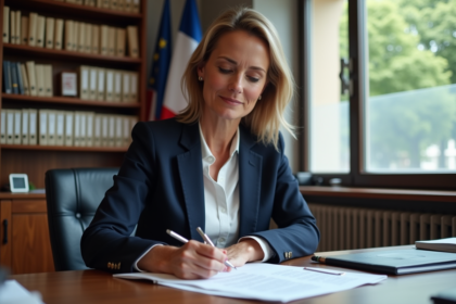 Femme d affaires signant des documents dans un bureau français