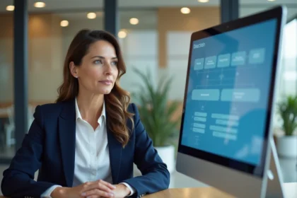 Femme cadre analysant un diagramme de processus interne sur un écran dans un bureau moderne pour optimiser les flux de travail avec PROROLE