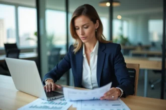 Femme cadre en blazer marine analysant des supports d'investissement ESALIA sur son bureau en open space moderne