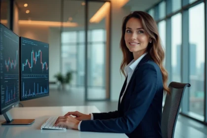 Femme cadre analysant des données financières dans un bureau moderne, illustrant les métiers les mieux rémunérés en 2026