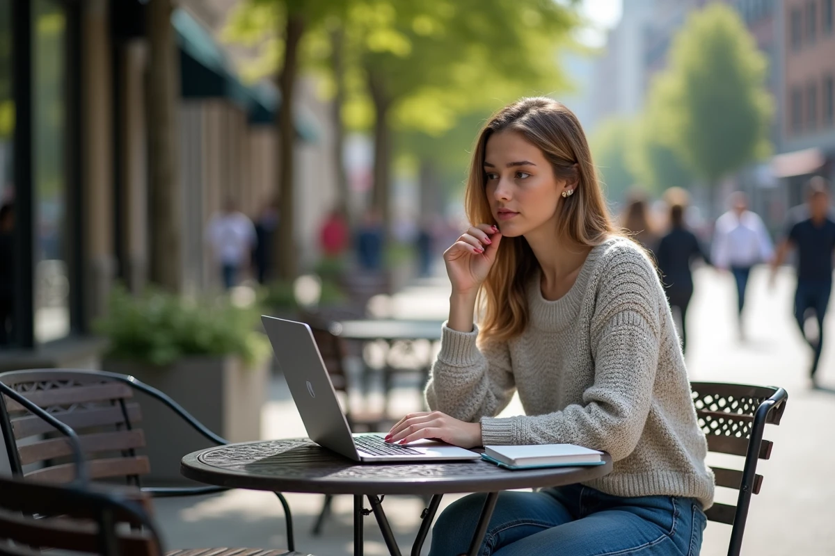 Jeune femme travaillant seule dans un café en ville