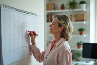 Femme d'âge moyen marquant des jours sur un calendrier au bureau