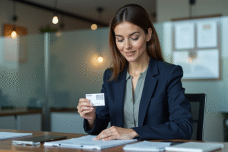 Femme professionnelle examinant sa carte d'identité au bureau