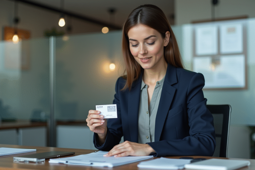 Femme professionnelle examinant sa carte d'identité au bureau