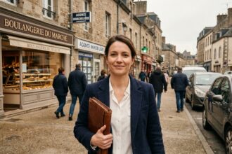 Femme cadre commercial marchant avec confiance dans une rue commerçante de ville moyenne, tenant un portfolio professionnel