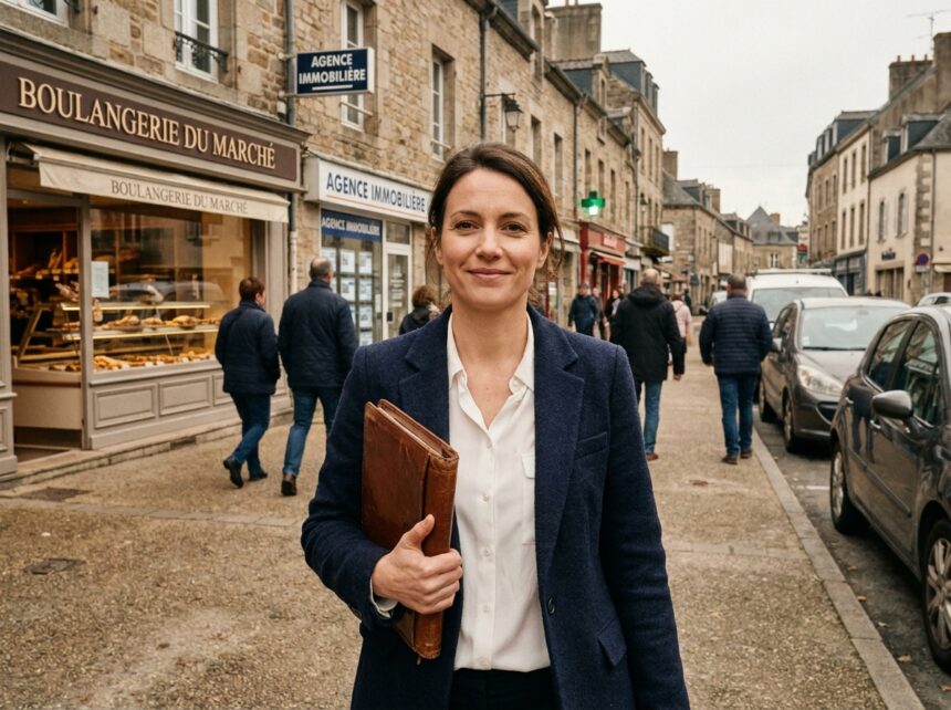 Femme cadre commercial marchant avec confiance dans une rue commerçante de ville moyenne, tenant un portfolio professionnel
