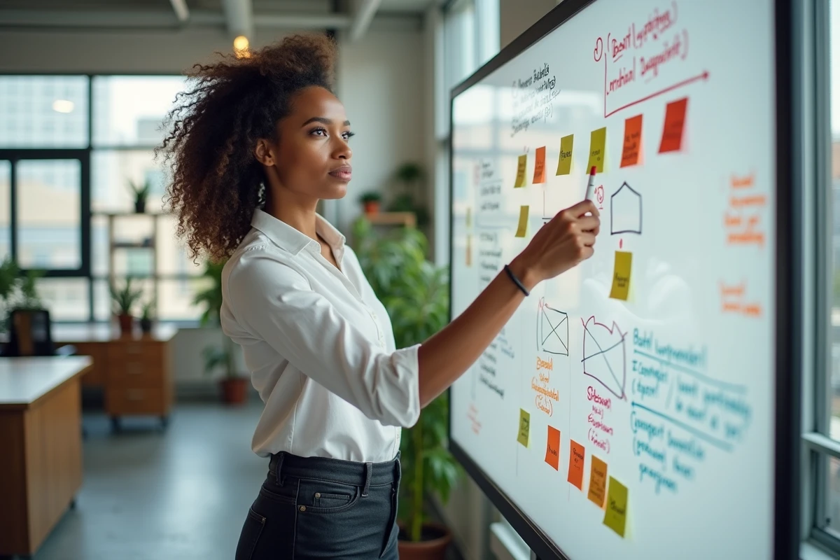 Jeune femme avec tableau blanc de marketing et notes colorées