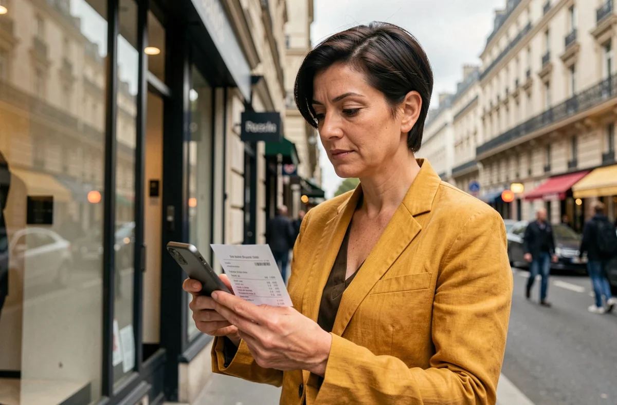 Femme comparant un téléphone reconditionné BackMarket avec son reçu dans une rue parisienne