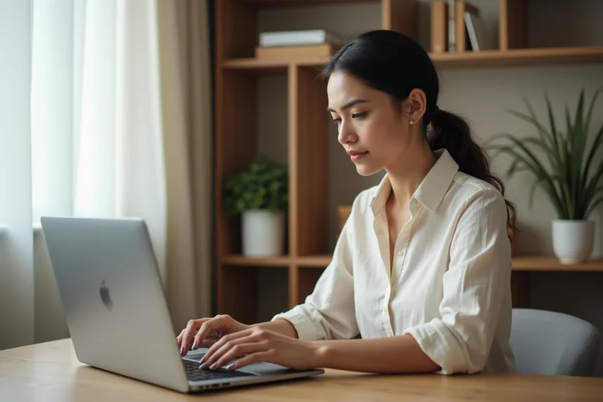 Femme configurant sa boutique en ligne stan.store sur un ordinateur portable dans un bureau à domicile moderne