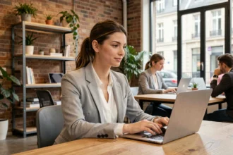 Jeune femme professionnelle travaillant dans un espace de coworking moderne à Poitiers avec murs en briques apparentes