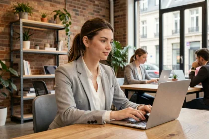 Jeune femme professionnelle travaillant dans un espace de coworking moderne à Poitiers avec murs en briques apparentes