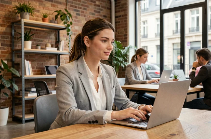 Jeune femme professionnelle travaillant dans un espace de coworking moderne à Poitiers avec murs en briques apparentes