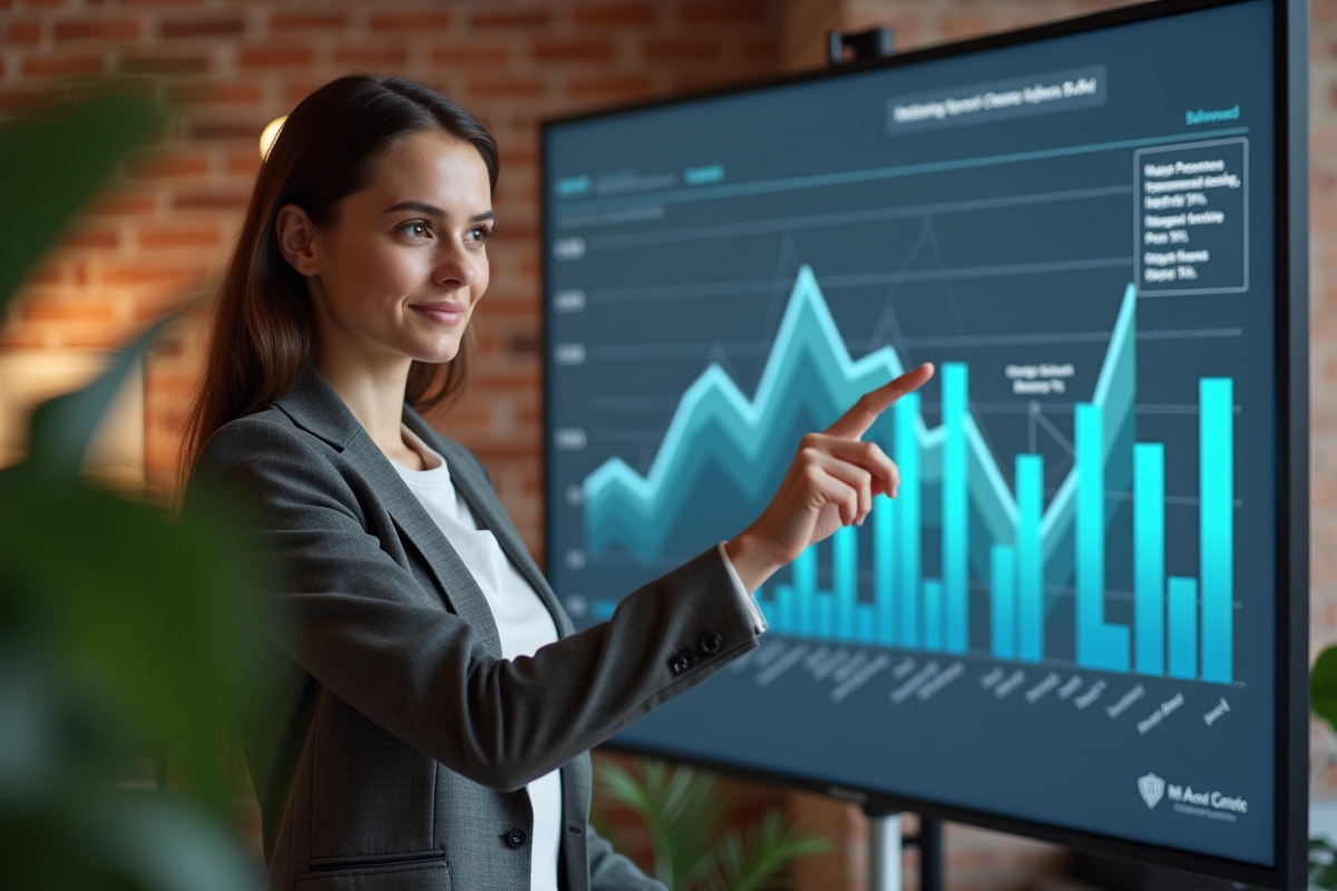 Jeune femme professionnelle devant tableau de bord marketing