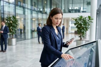 Femme en costume professionnel interagissant avec un grand écran digital dans un lobby moderne